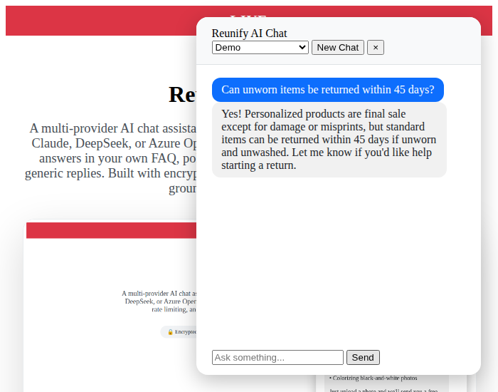 Reunify AI Chat widget showing a live conversation with formatted markdown responses